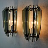 Pair of veca bicolor wall lamps, green murano glass, italy 1970