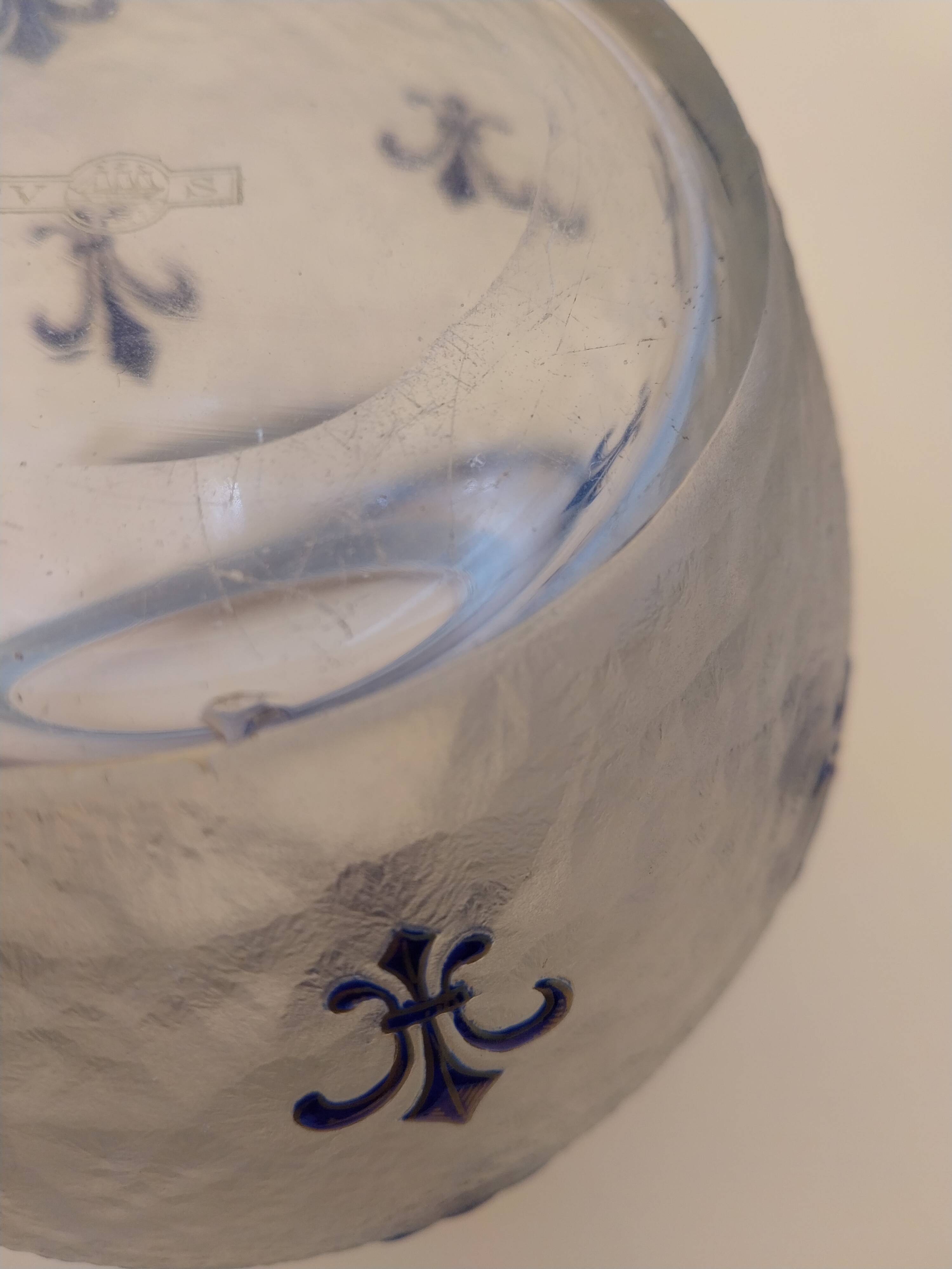 Crystal biscuit jar decorated with blue enamel and gilding.