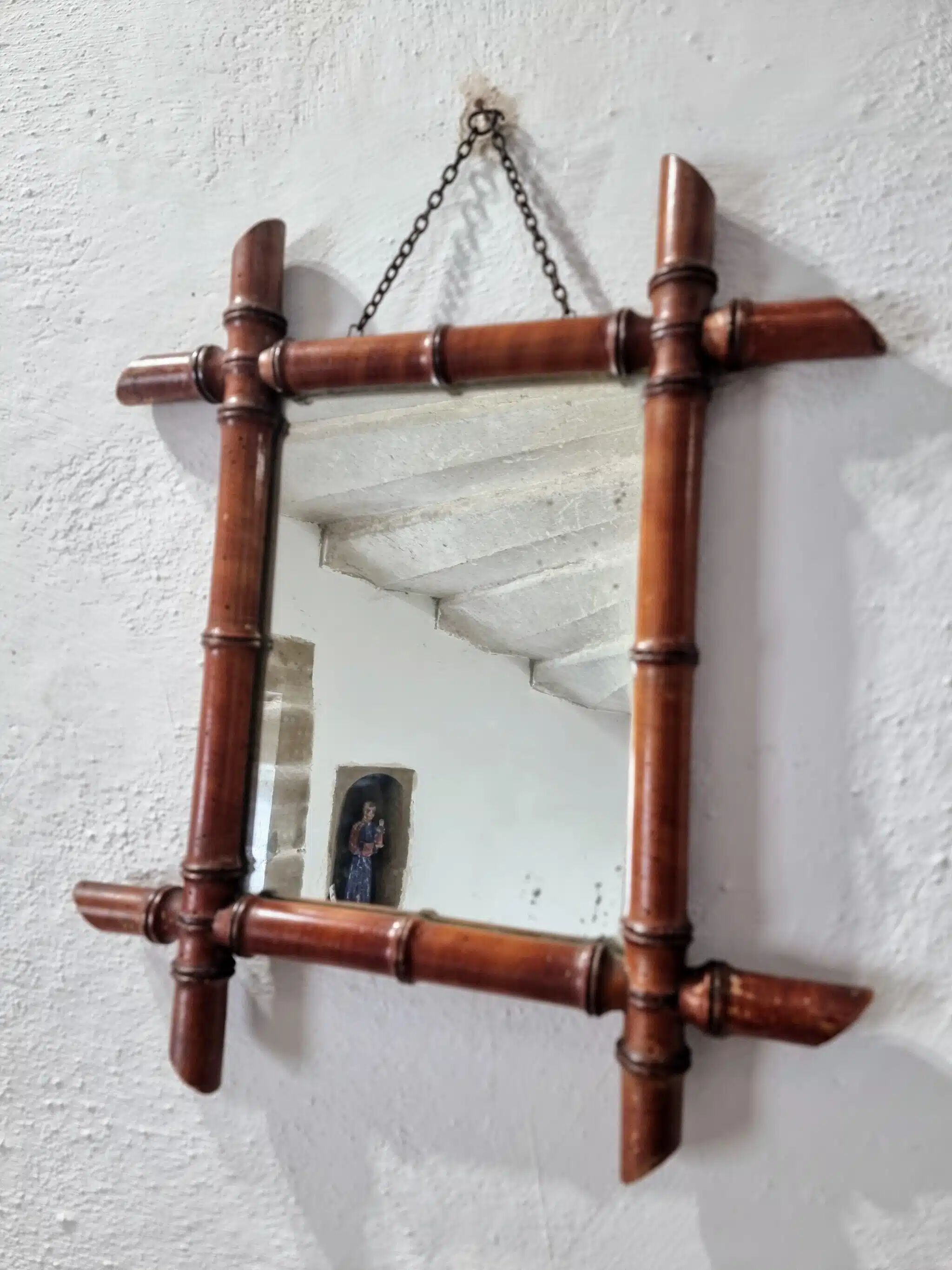 Antique Faux Bamboo Mirror - French Wall Mirror with Chain, 38×44 cm