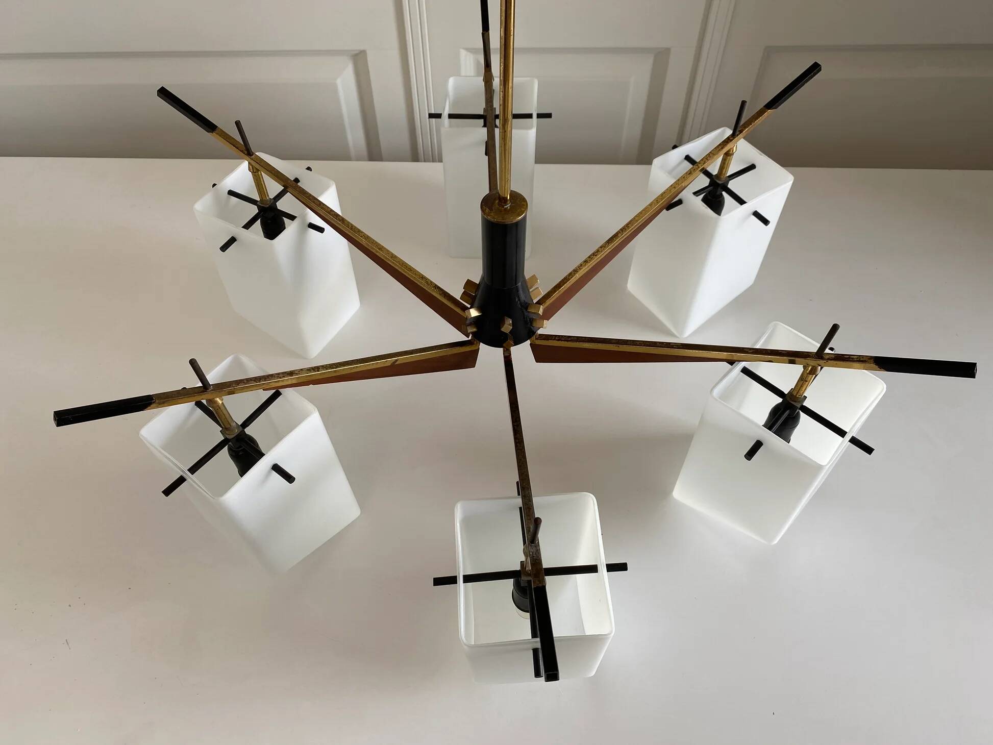 Six-armed chandelier with frosted glass lampshade, Stilux, Italy, 1960s.