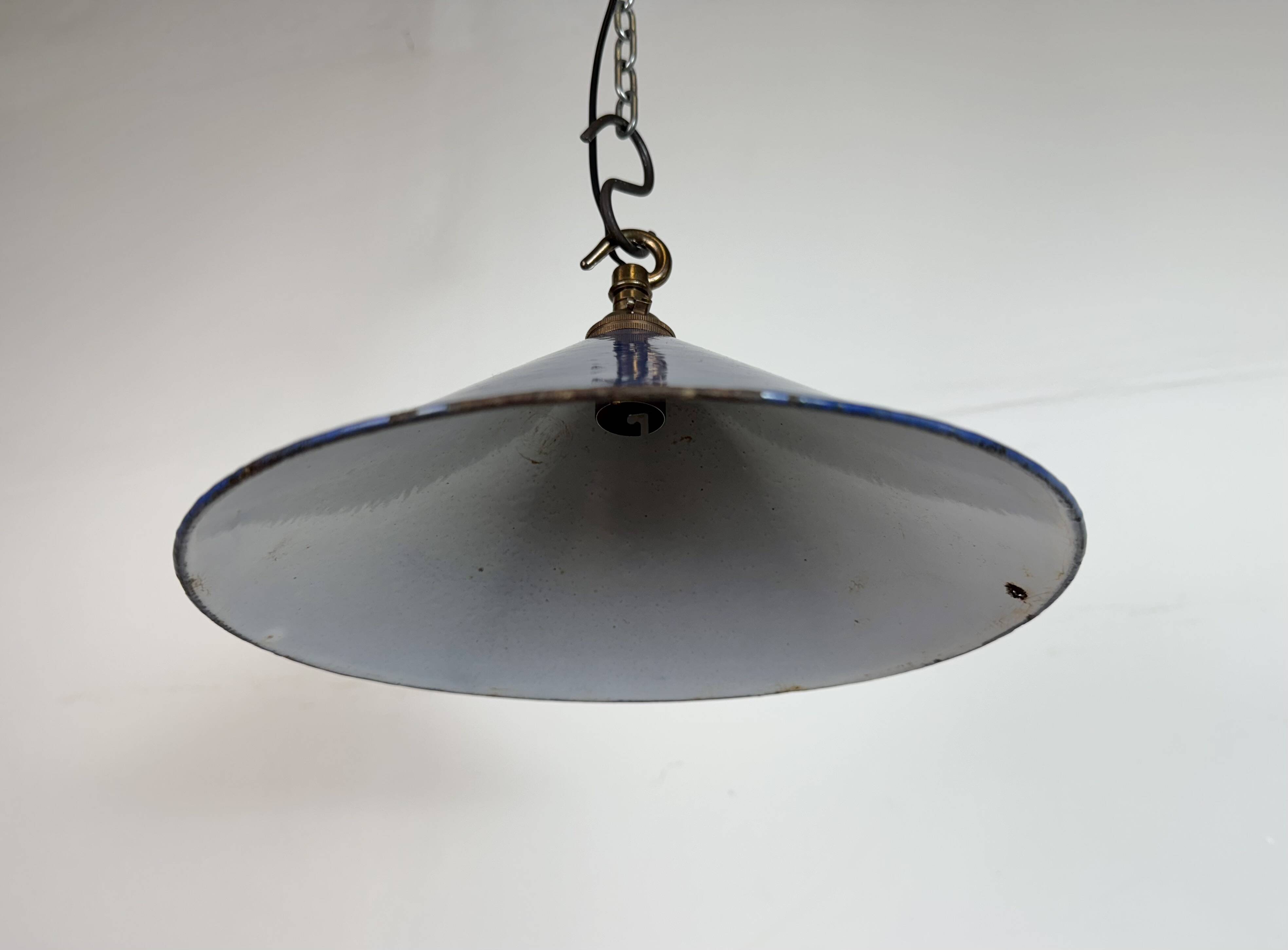 Industrial British Blue Enamel Factory Pendant Lamp, 1950s