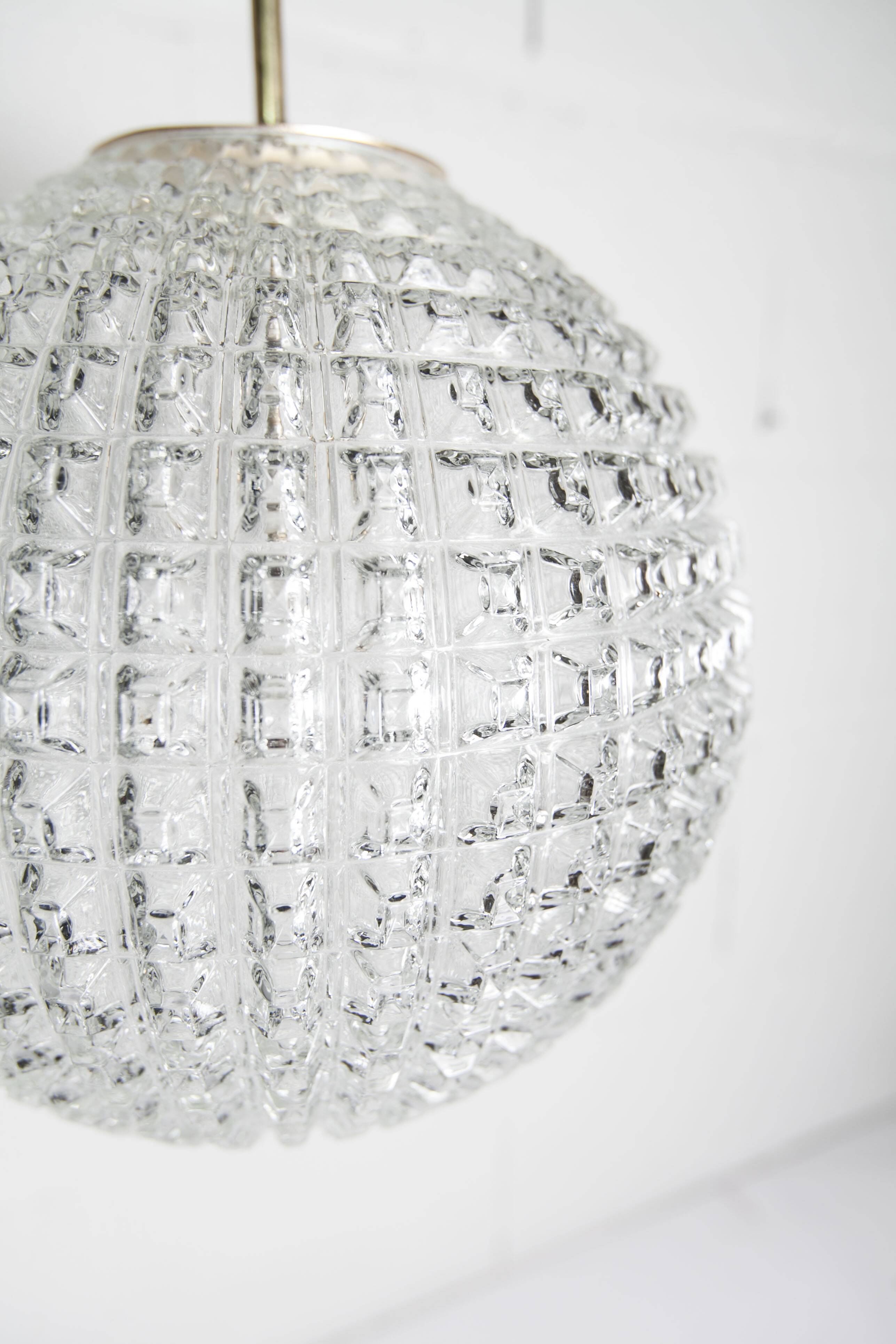 1960s Holophane Ball Pendant Chandelier, Thick Glass, 30 cm, and Vintage Brass