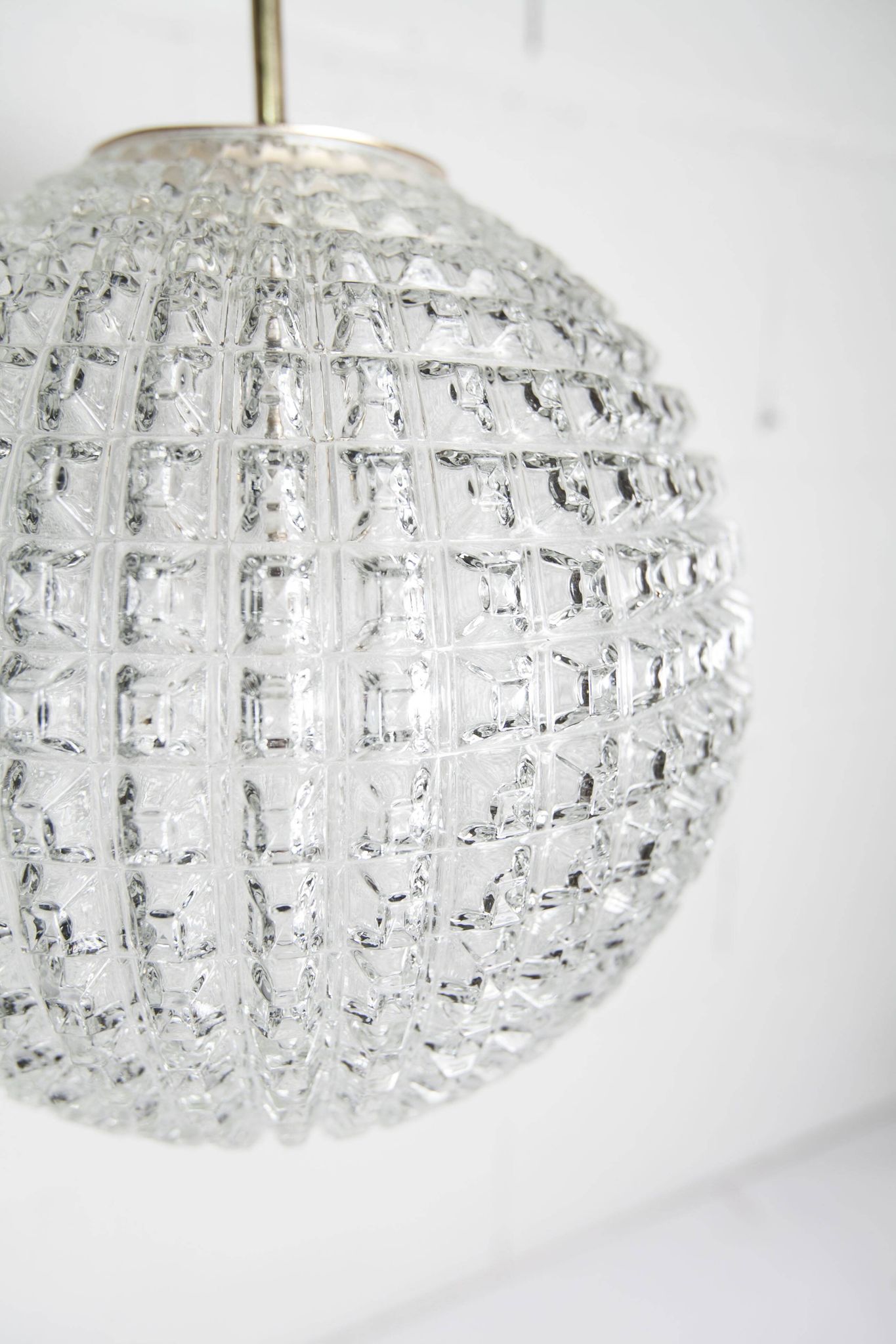1960s Holophane Ball Pendant Chandelier, Thick Glass, 30 cm, and Vintage Brass