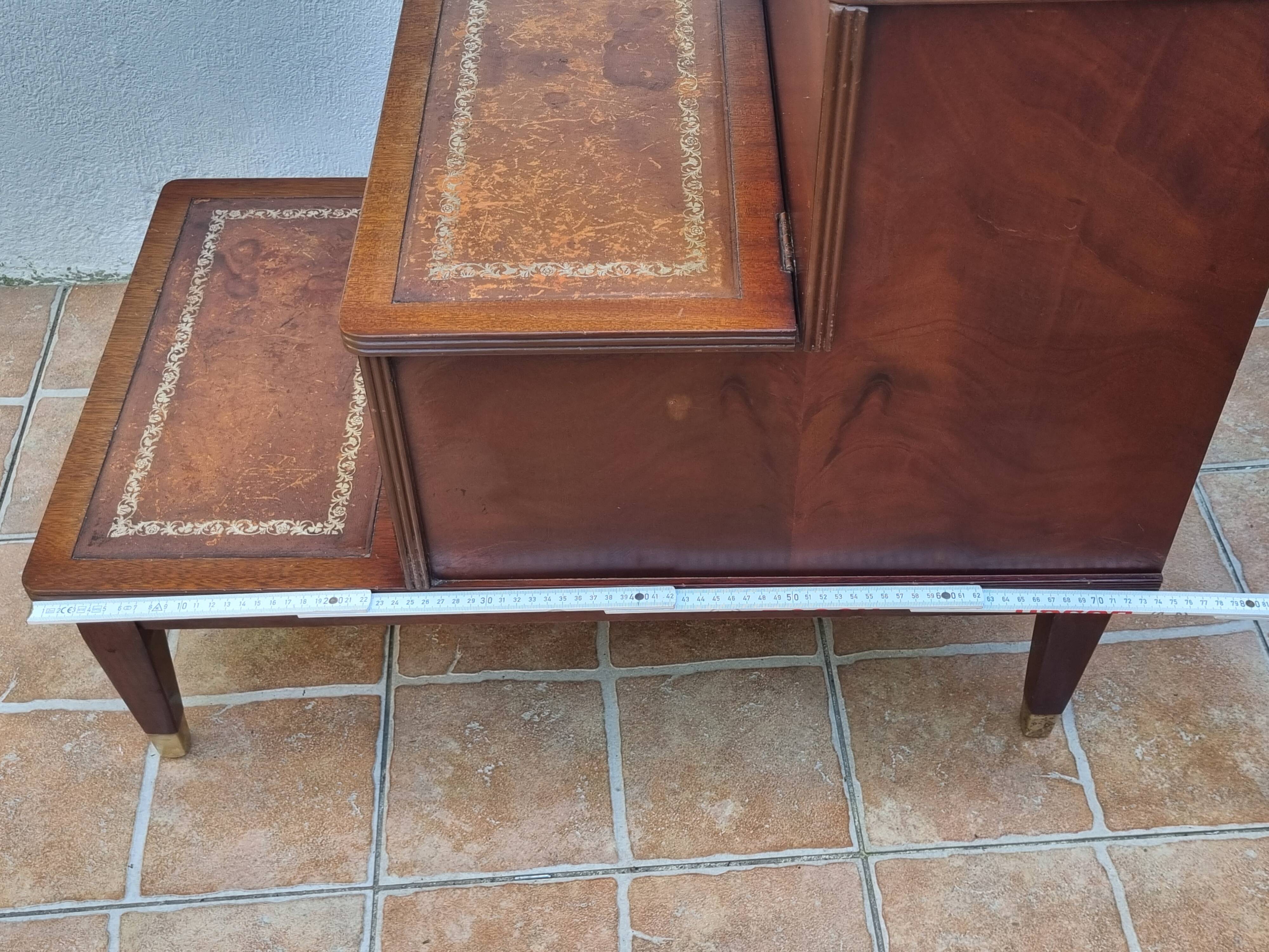 Escalier bibliothèque vintage style anglais, coffre, bois et cuir, 67 cm