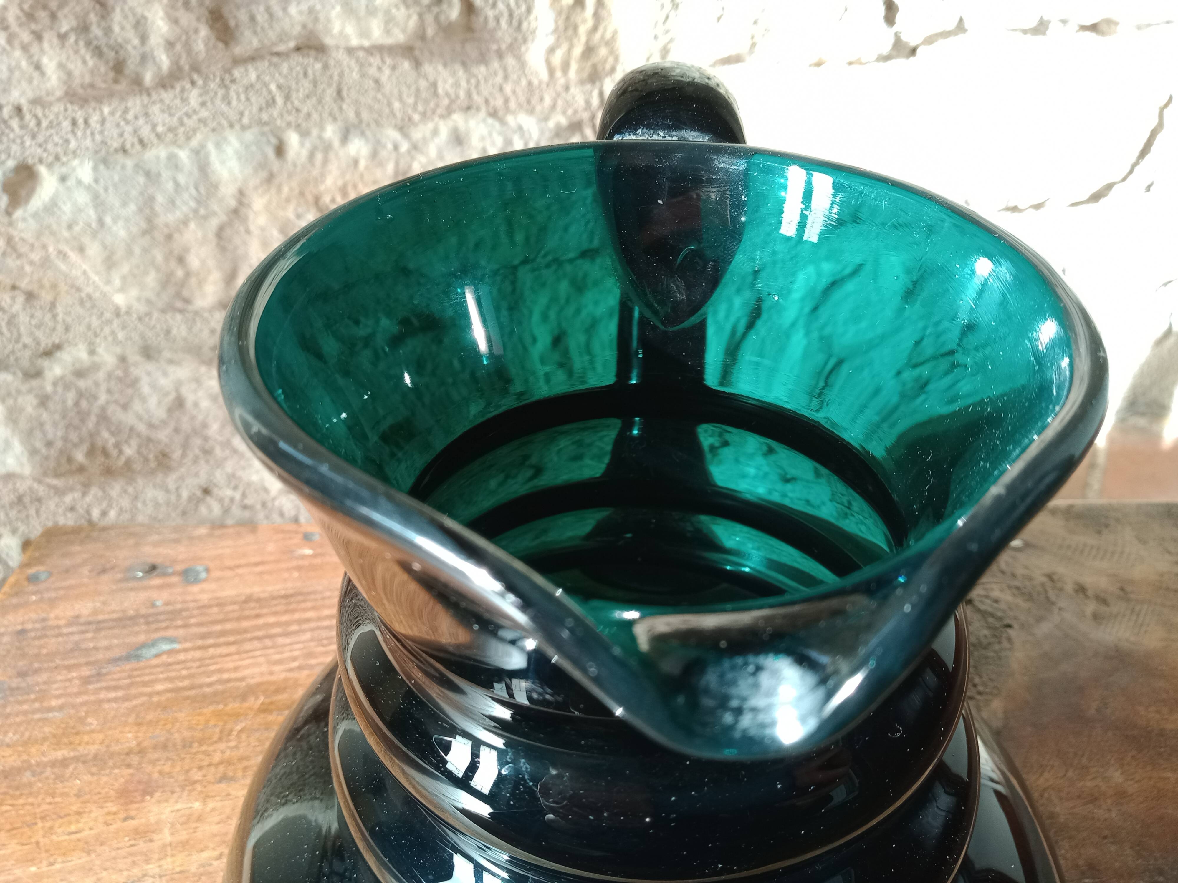 Deep green jug or pitcher with modern design - thick glass