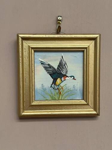 Mid-Century Oil on Panel – “ Birds” by Unknown, Vintage & Framed 11 × 11 cm
