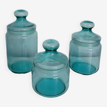 Lot de 3 pots d'apothicaire en verre bleu vintage