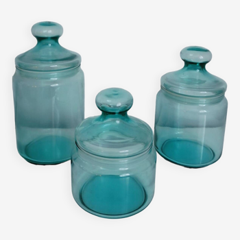 Set of 3 vintage blue glass apothecary jars