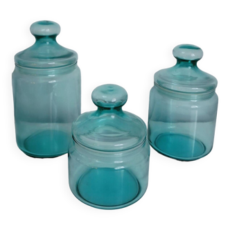 Set of 3 vintage blue glass apothecary jars