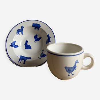 Assiette creuse et tasse - motif animaux de la ferme