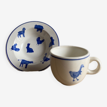 Deep plate and cup - farm animal pattern