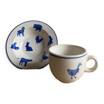 Deep plate and cup - farm animal pattern