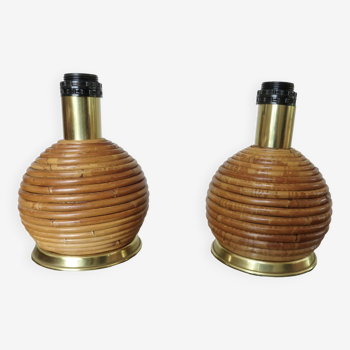 Paire de lampes Italiennes, rotin , bambou, 1970