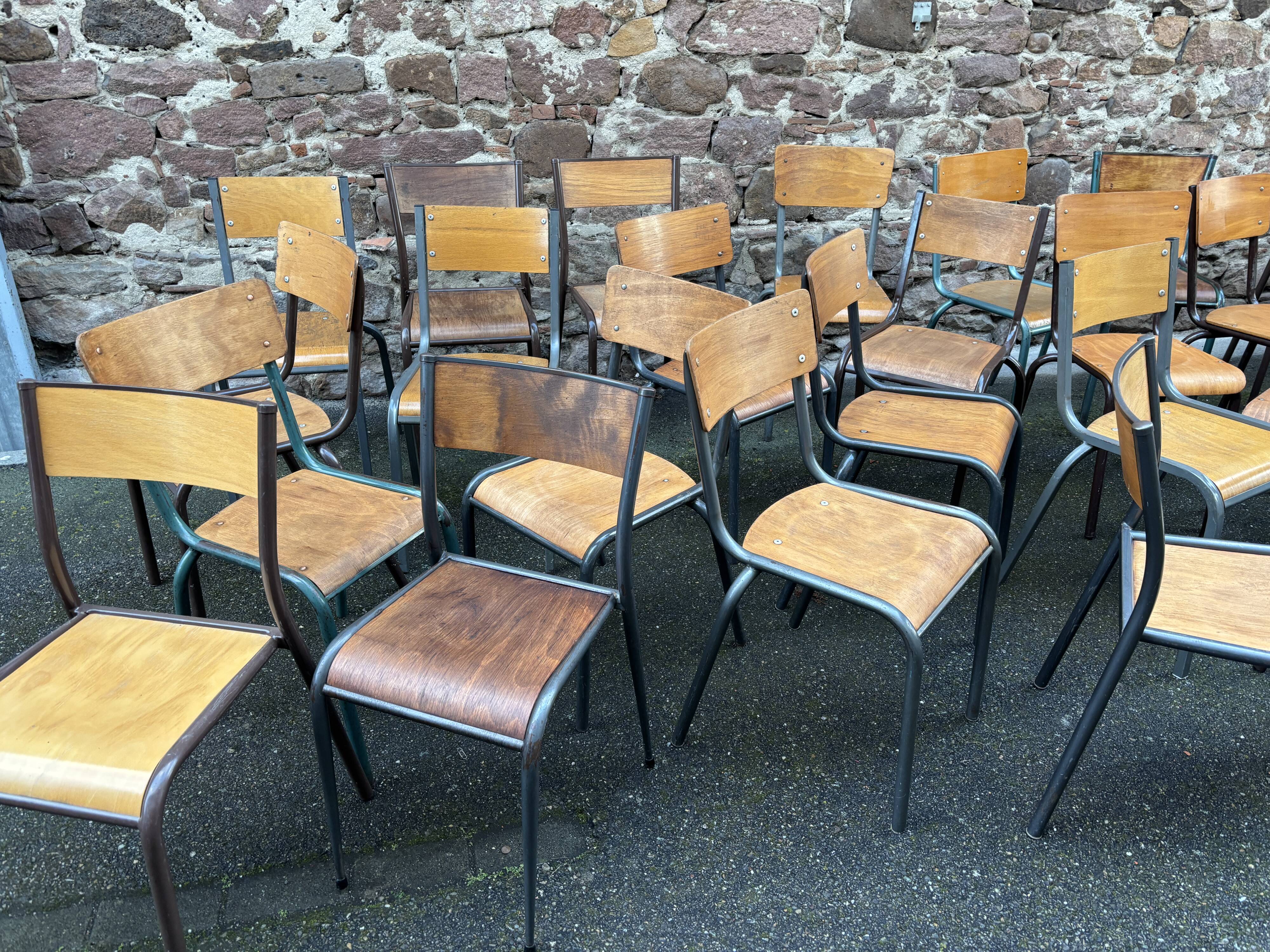 30 mismatched vintage industrial school chairs MULLCA tube & wood