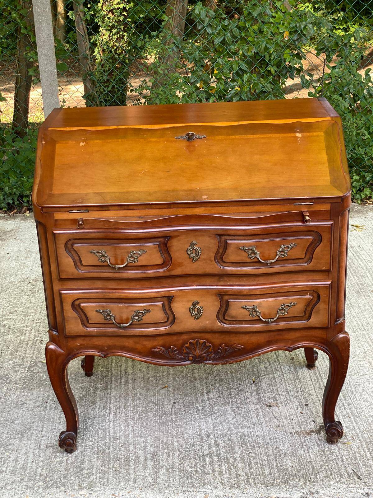 Louis XV solid wood and green leather writing desk secretary, 1950.