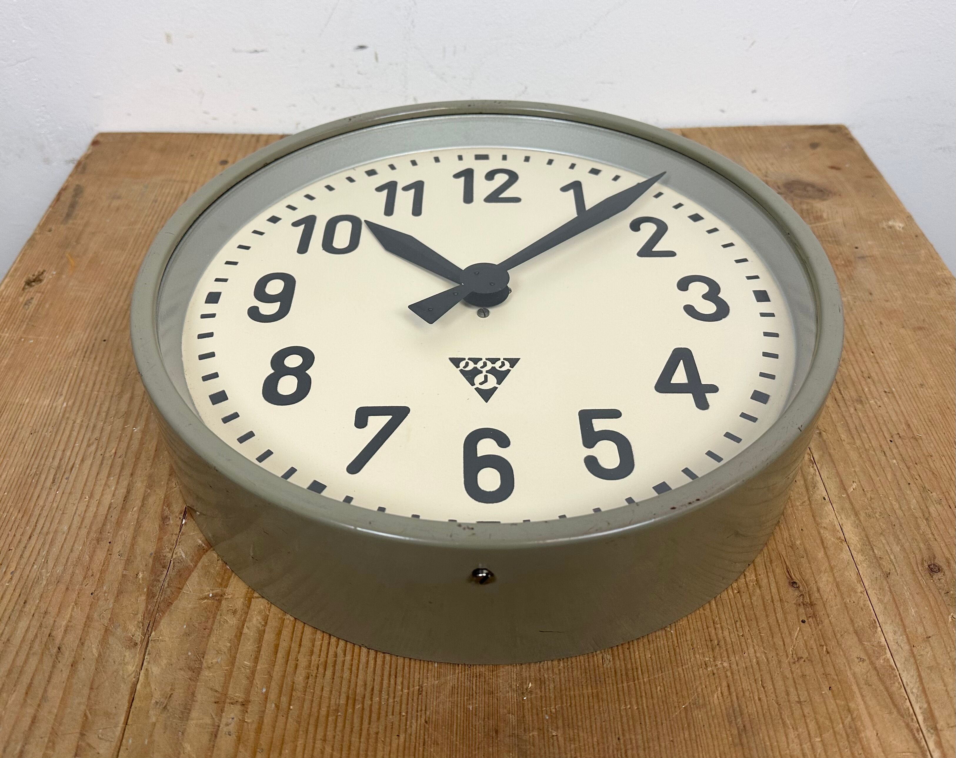 Grey Industrial Factory Wall Clock from Pragotron, 1950s
