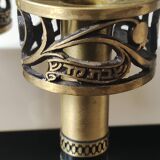 Pair of Hebrew Candlesticks. In antique gold-plated brass. Signed FFS Israel