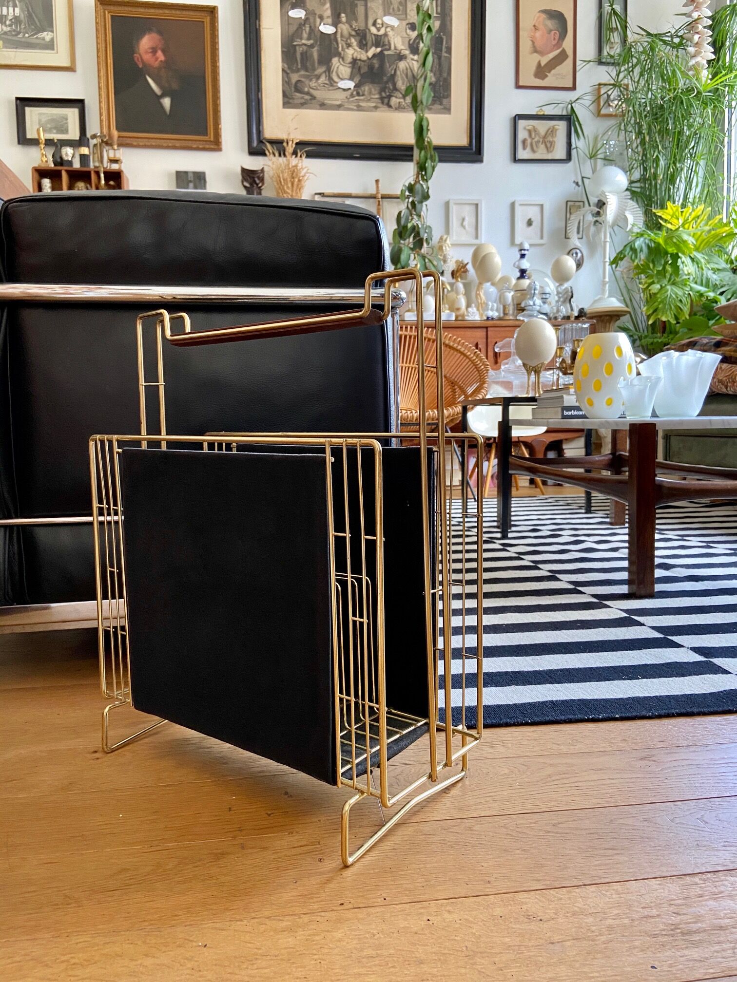 Gold metal, wood and black cotton magazine holder
