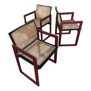 Pascal mourgue rare set de 3 fauteuils traîneaux cannés bois laqué  pour triconfort vintage 80's