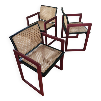 Pascal mourgue rare set de 3 fauteuils traîneaux cannés bois laqué  pour triconfort vintage 80's