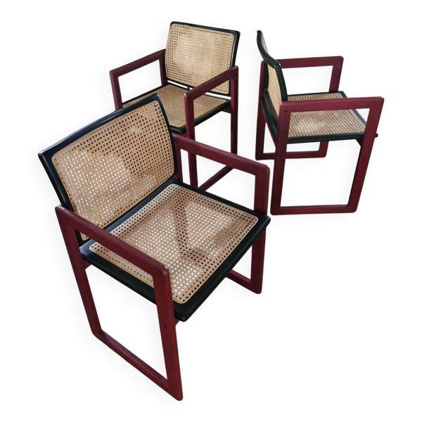 Pascal mourgue rare set de 3 fauteuils traîneaux cannés bois laqué  pour triconfort vintage 80's