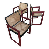 Pascal mourgue rare set de 3 fauteuils traîneaux cannés bois laqué  pour triconfort vintage 80's