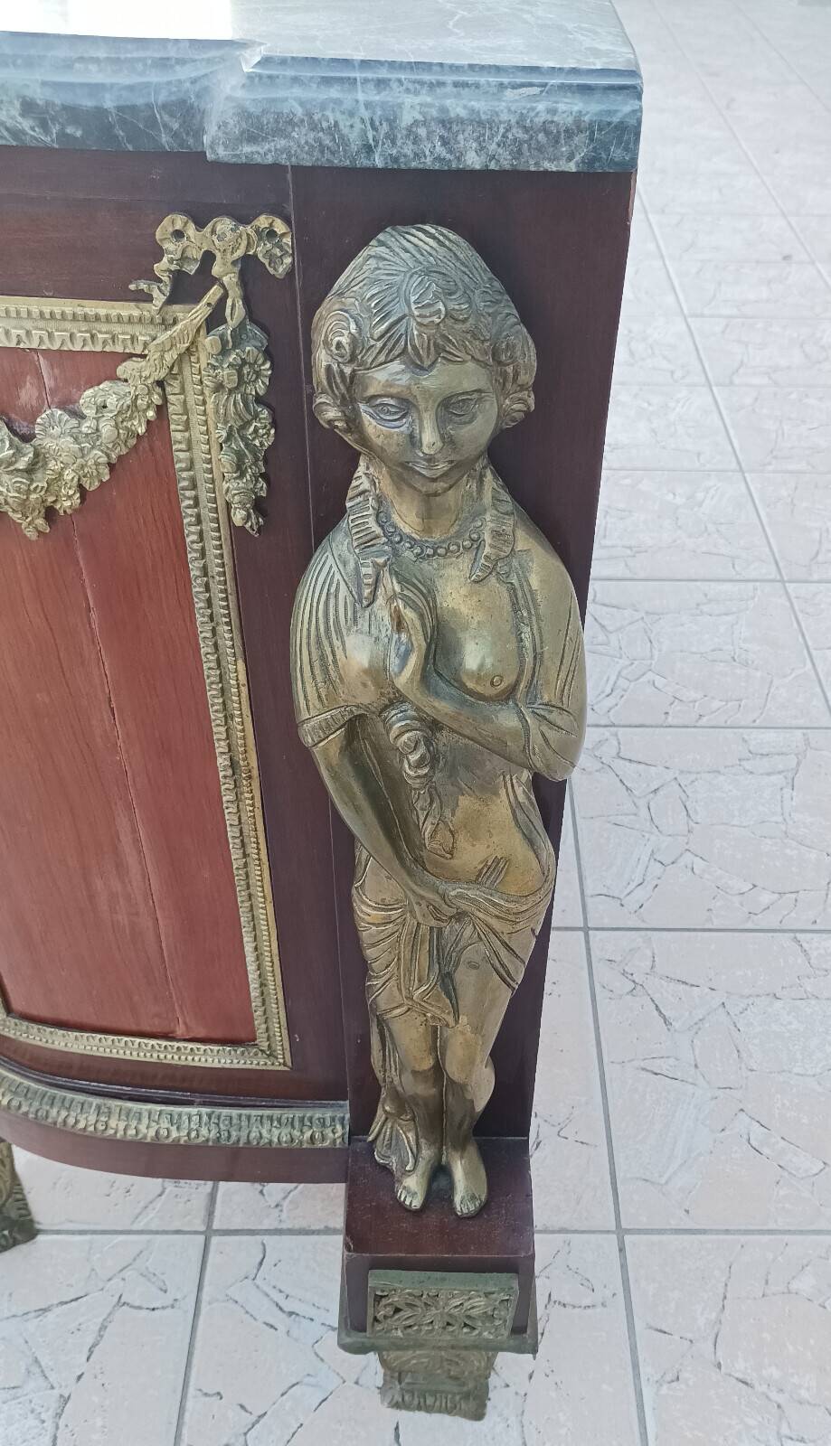 Louis XVI style commode in beech, bronze and marble.
