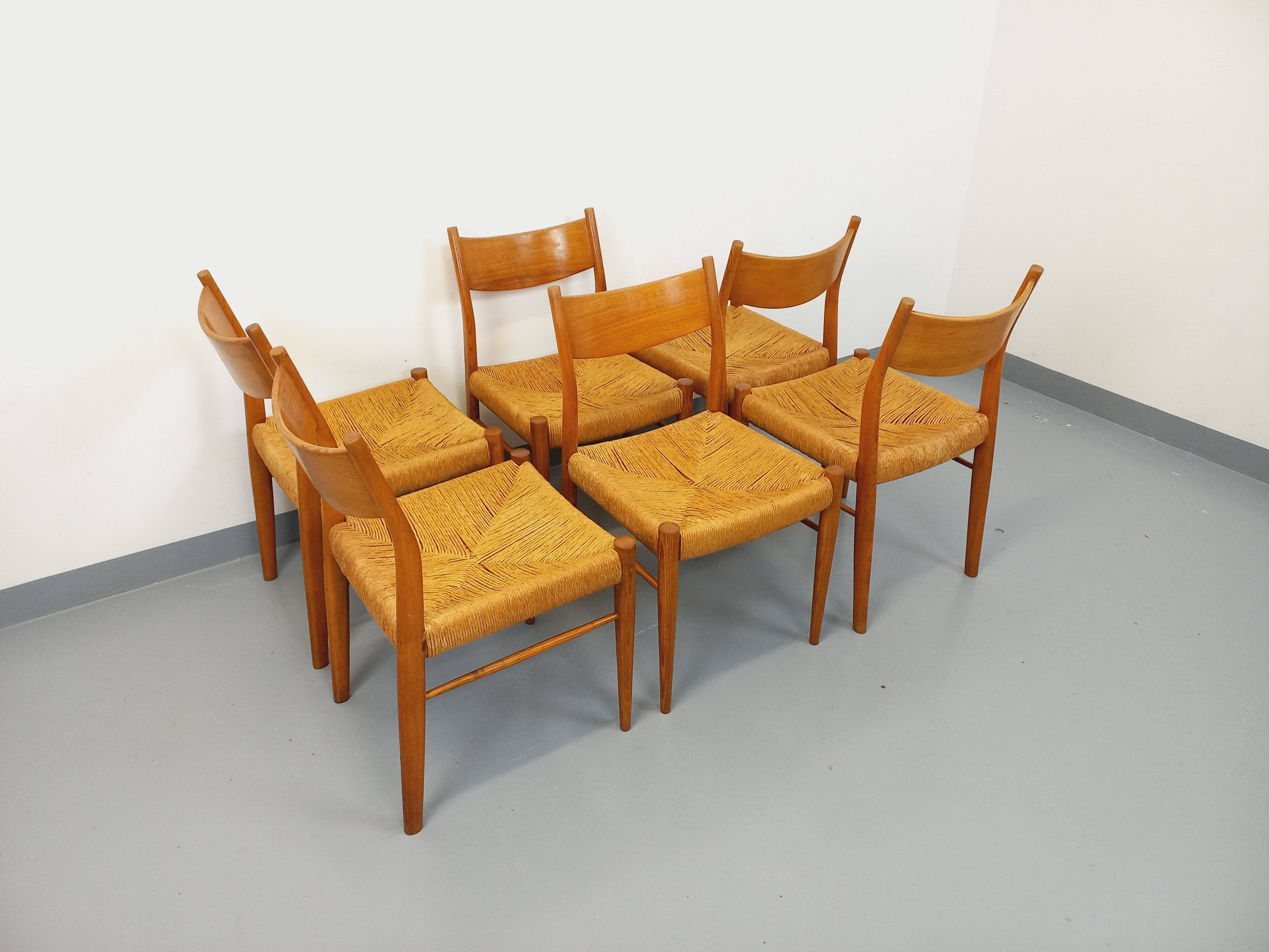 Set of 6 vintage teak Danish rope chairs Gessef Consorzio Sedie Friuli