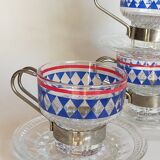 Four vintage coffee cups screen printed glass and metal
