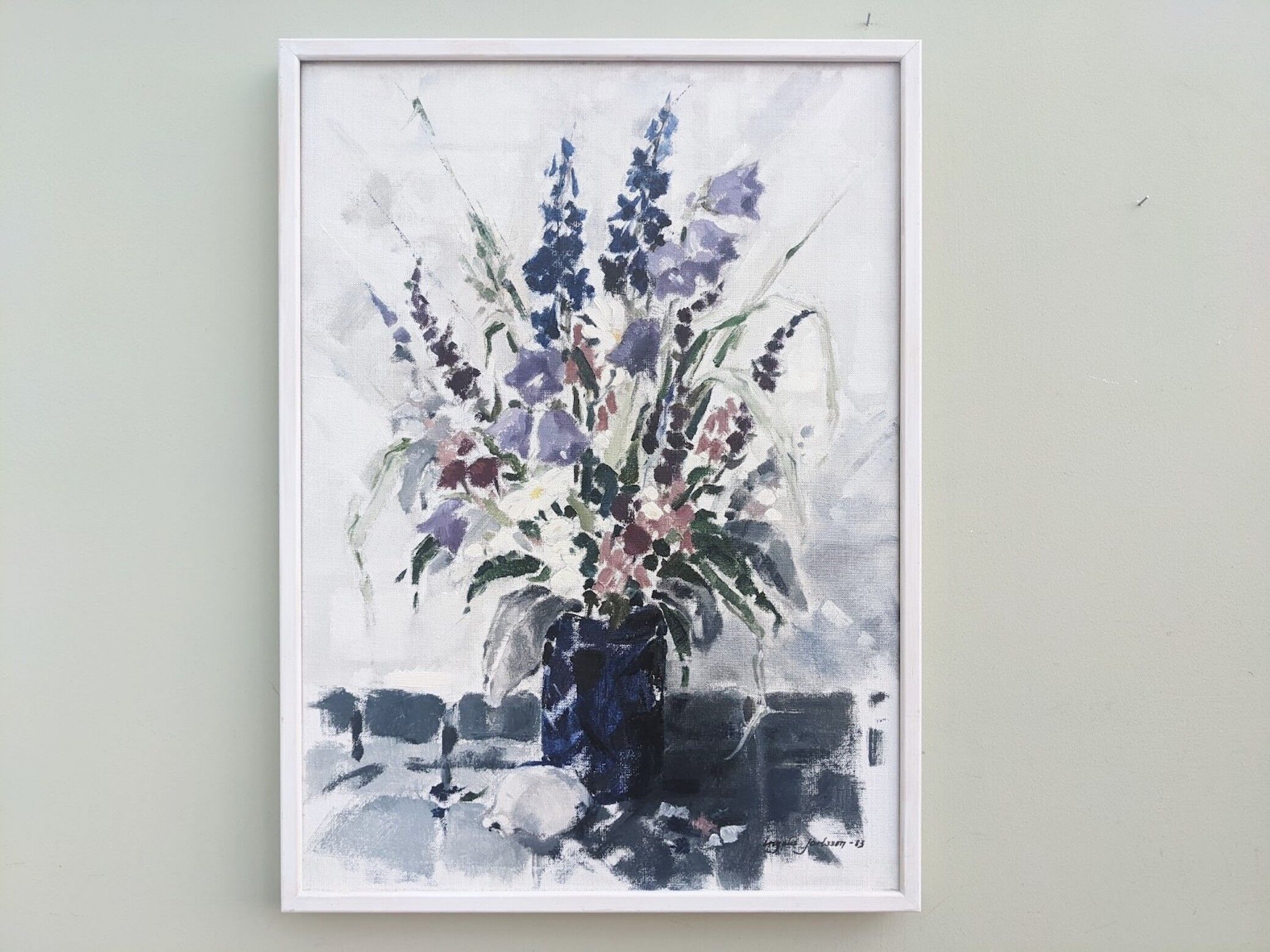 1983 Modern "Flowers & Shell" Swedish Floral Still Life Oil Painting, Framed