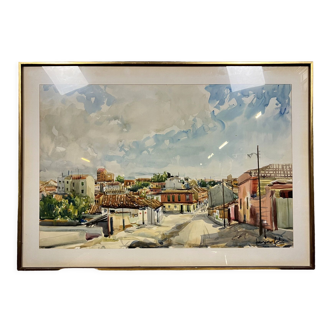 Watercolor view of a Mediterranean city around 1940-1960
