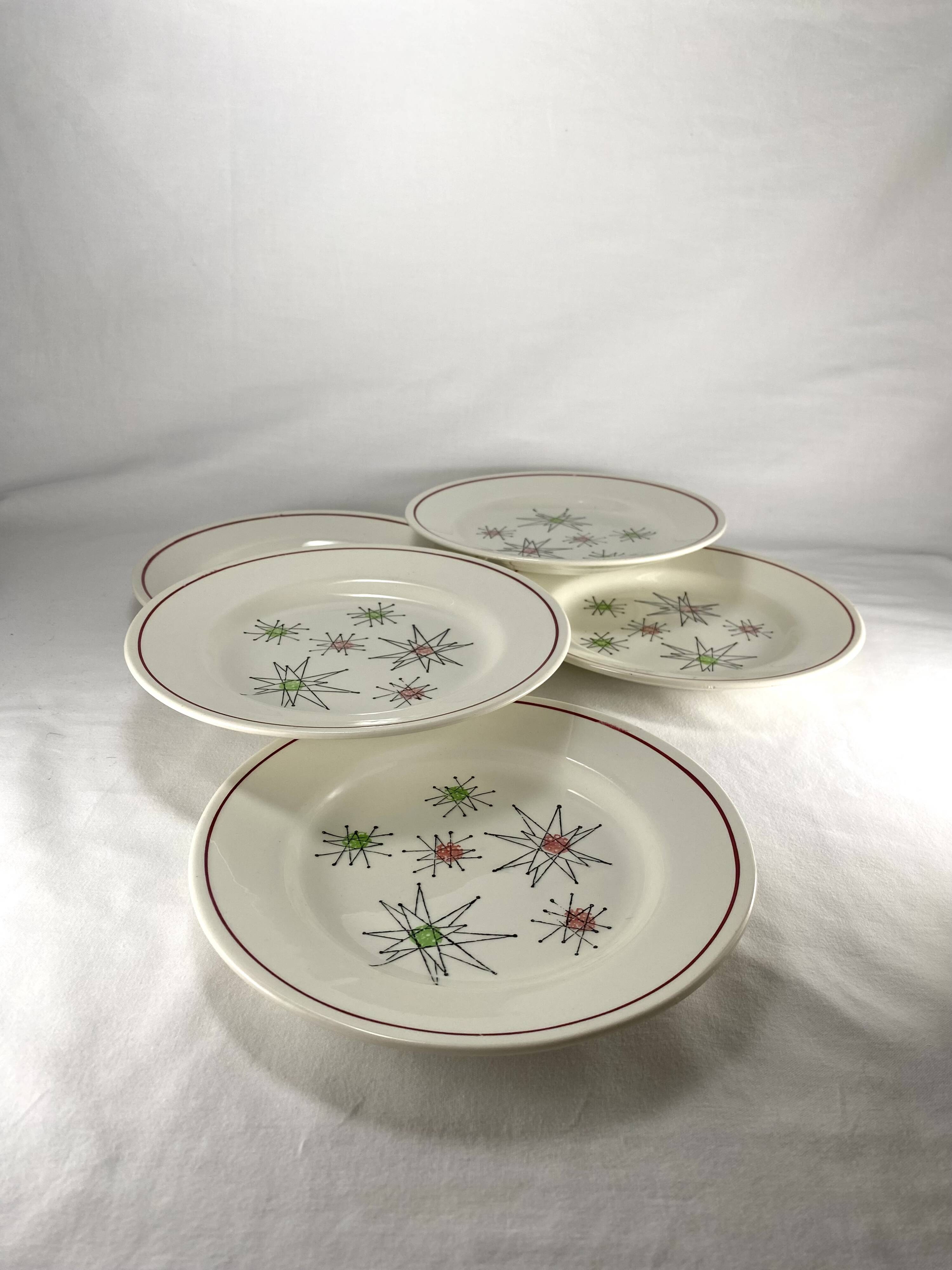 Ensemble de 5 assiettes à dessert vintage Gien des années 1950 avec motif Comètes