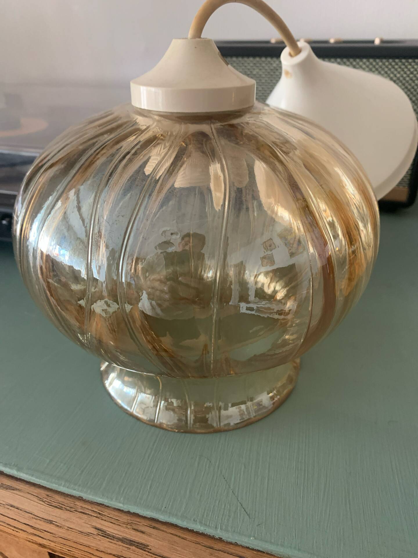 Vintage ribbed amber blown glass pendant - 1970s