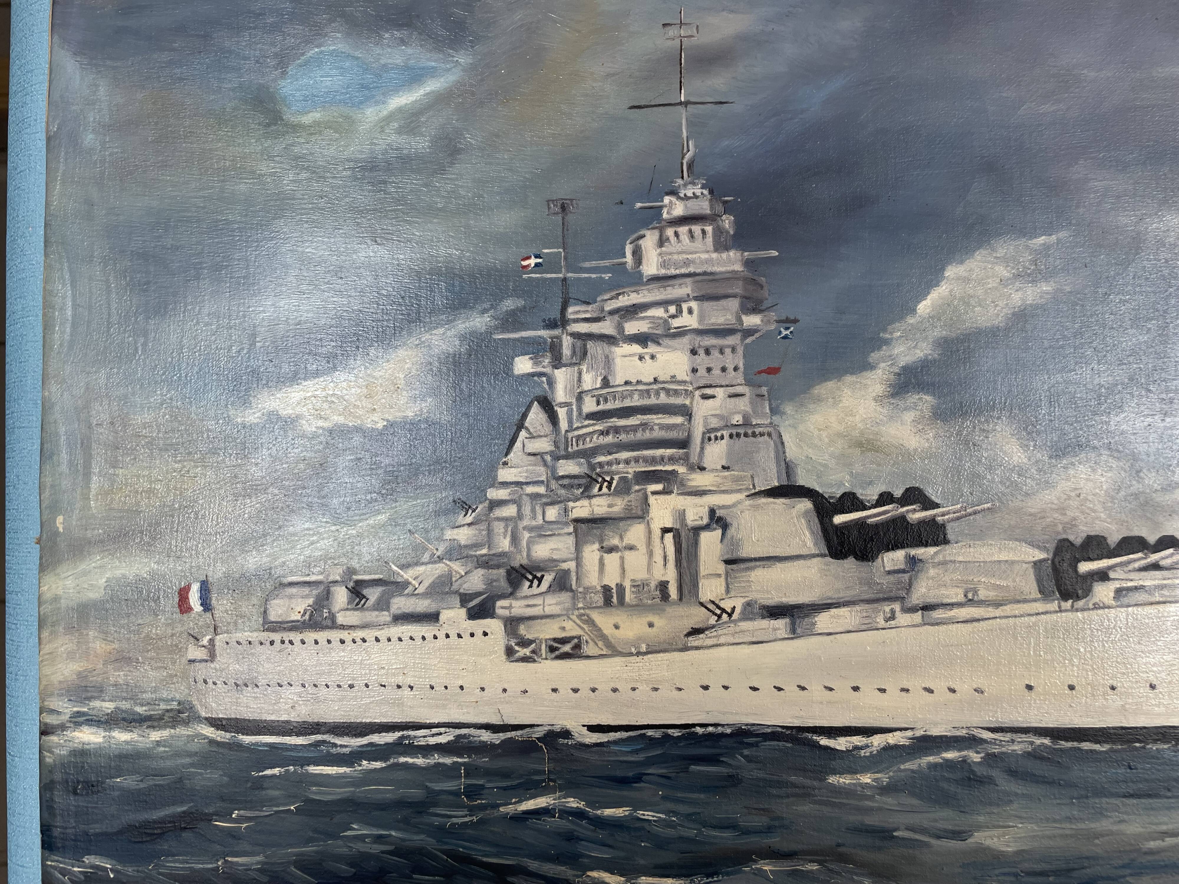 oil on canvas - Marine, Battleship on rough sea, signed Poncelet