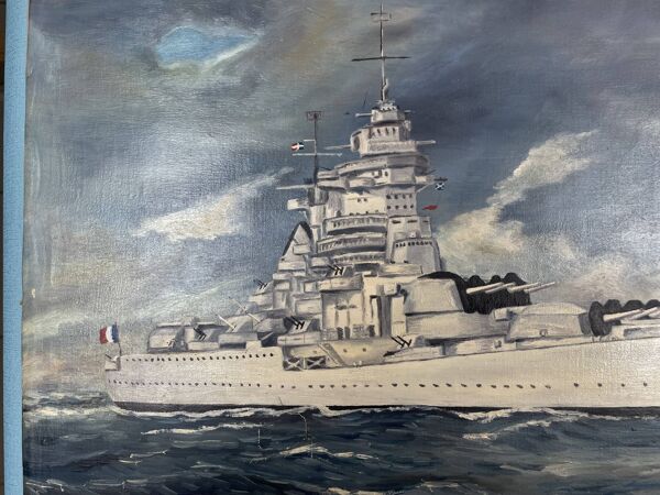 huile sur toile - Marine, Cuirassé sur mer houleuse, signé Poncelet