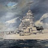 oil on canvas - Marine, Battleship on rough sea, signed Poncelet