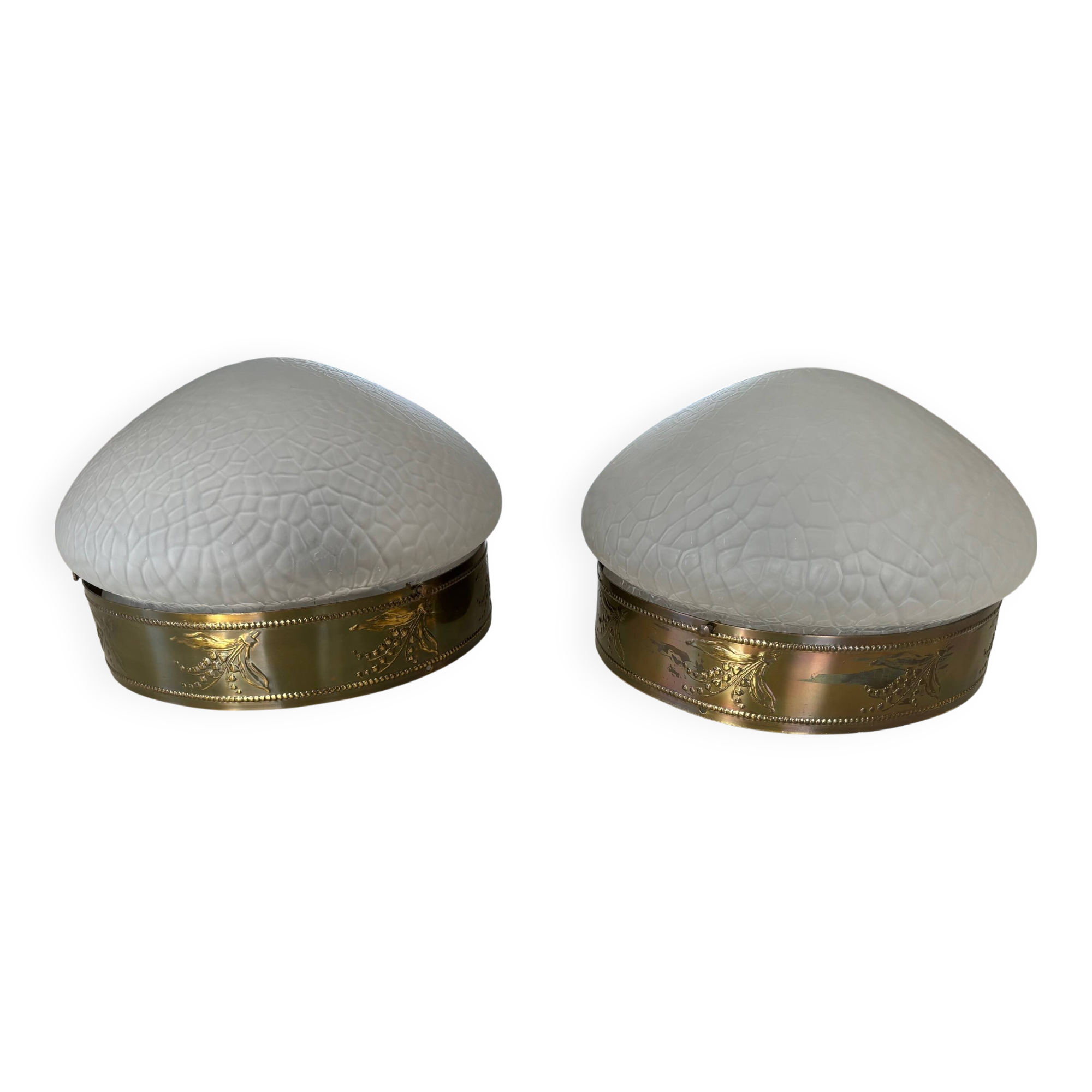 2 1930s ceiling lights in brass and frosted glass