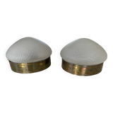 2 1930s ceiling lights in brass and frosted glass