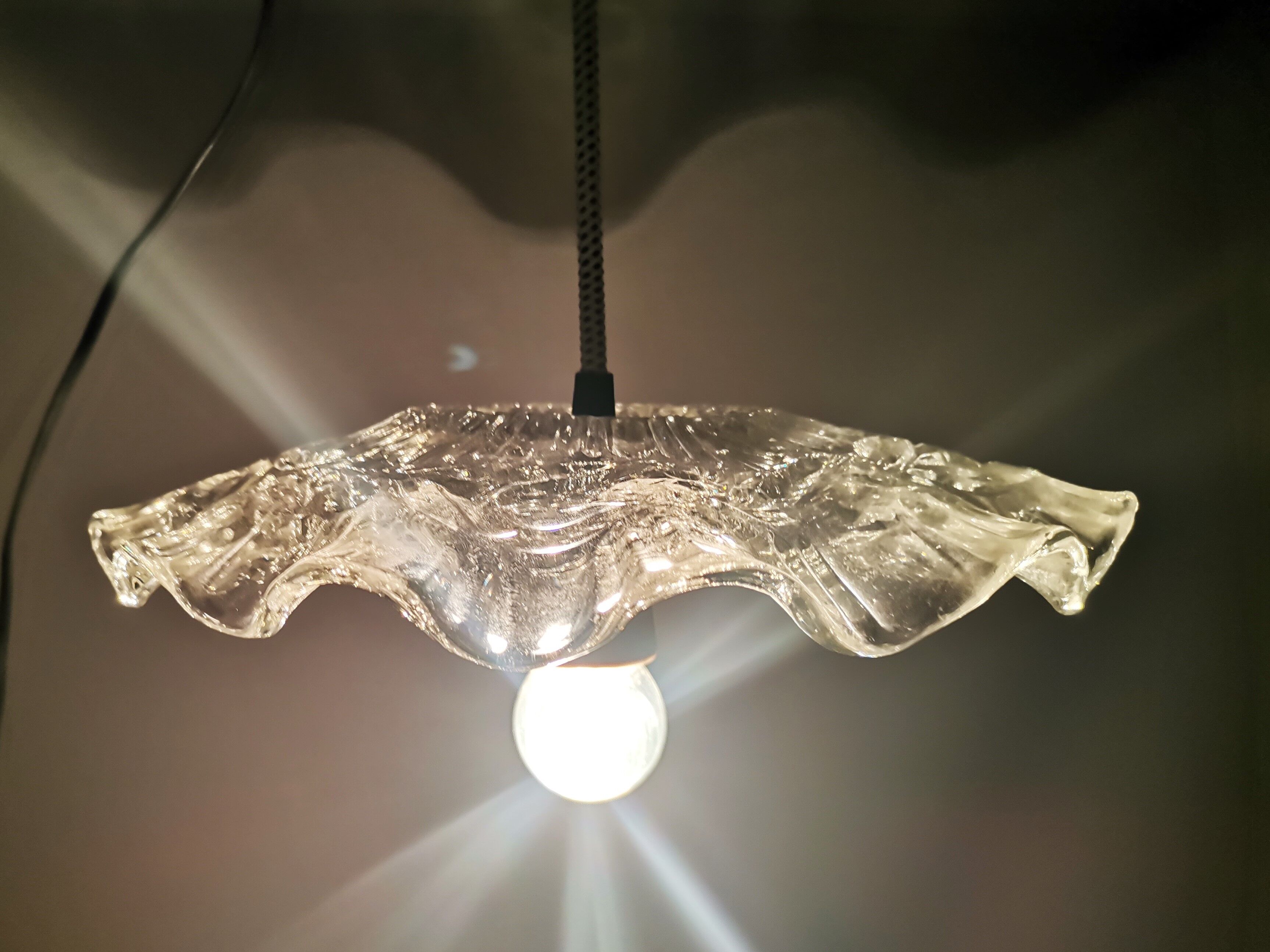 Portuguese farmhouse mid century clear floral glass dish pendant lamp 1960s