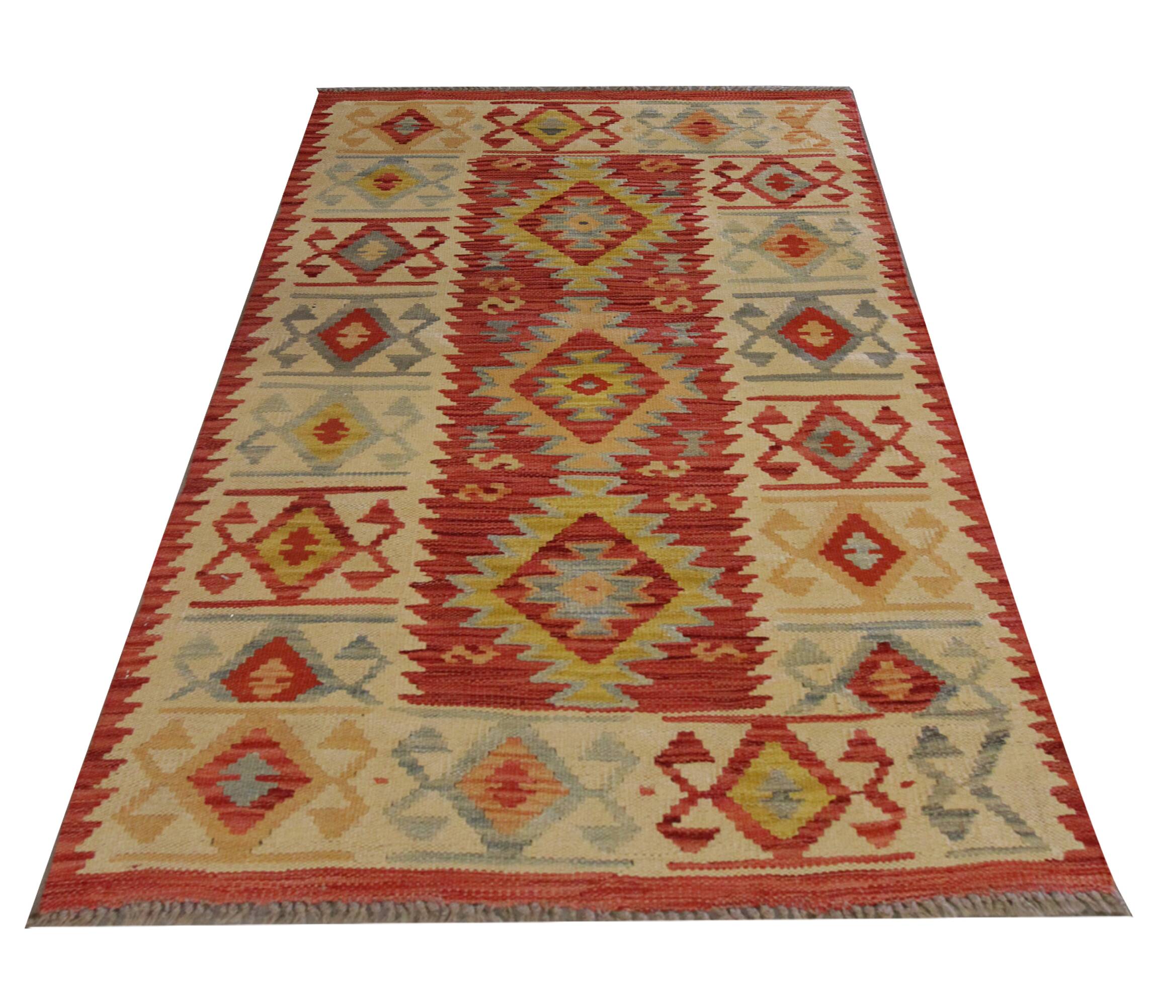 Red Afghan Kilim Rug,Small Wool Flatweave, Geometric Tribal Design Area Rug