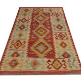Red Afghan Kilim Rug,Small Wool Flatweave, Geometric Tribal Design Area Rug