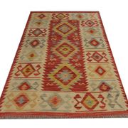 Red Afghan Kilim Rug,Small Wool Flatweave, Geometric Tribal Design Area Rug