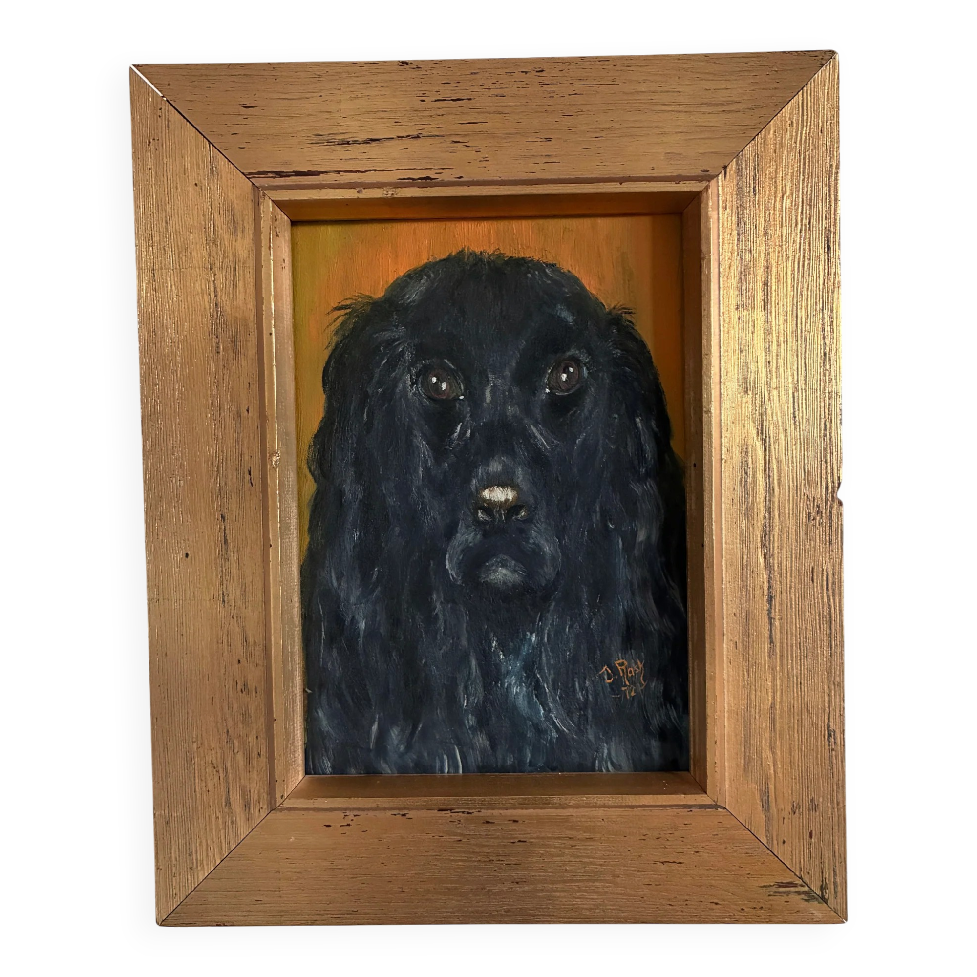 Vintage original dog portrait oil painting, signed animal art
