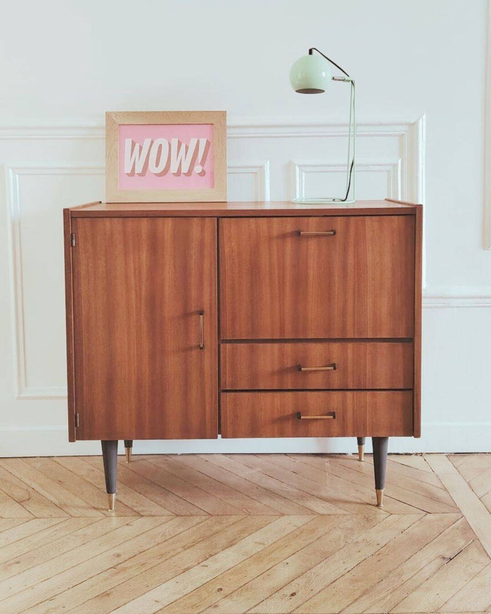 Small renovated vintage sideboard, 1950s-60s in dark wood veneer.