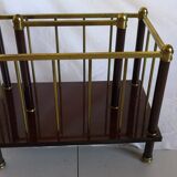 Magazine holder or vintage wood & brass bottles