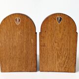 Paire de serre-livres vintage en bois, motif damier, années 50