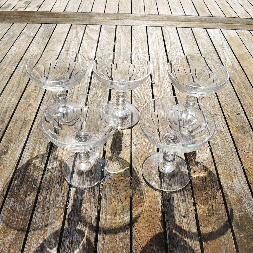 5 Antique Champagne Glasses in Gadrooned Glass