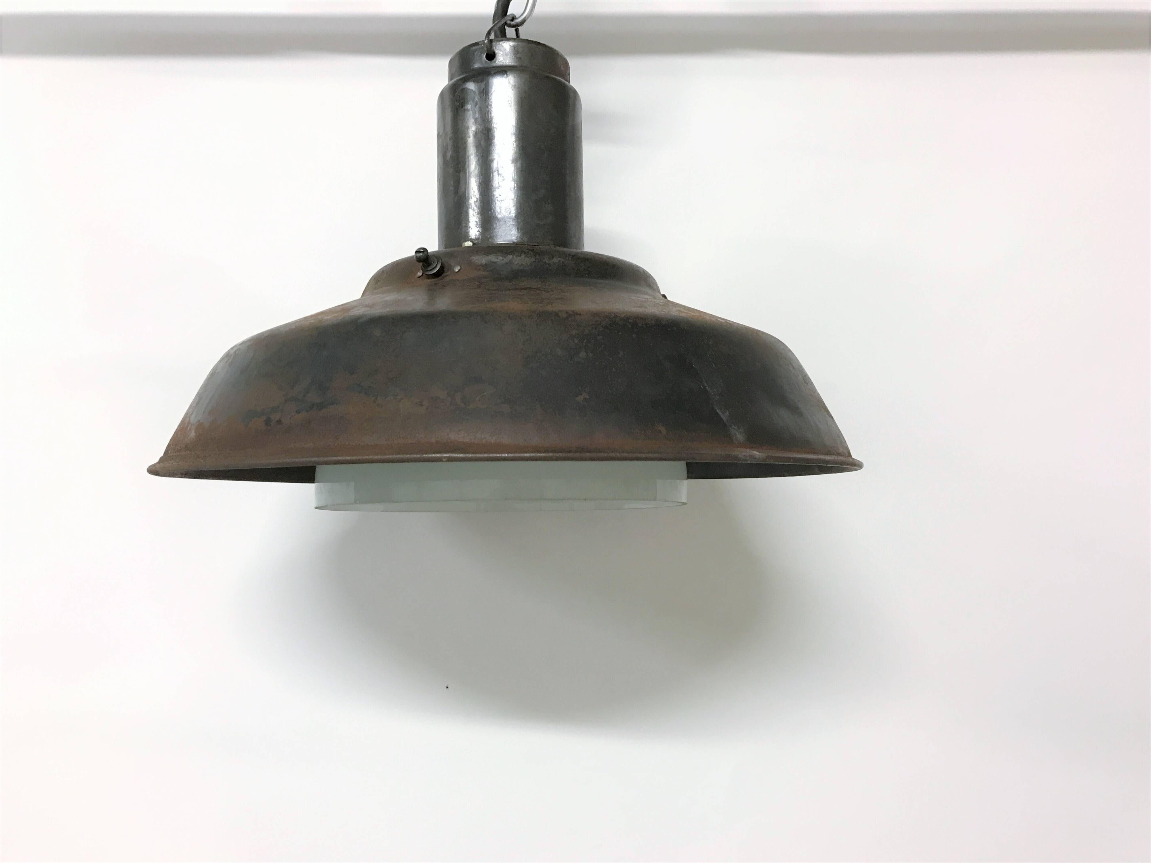 Vintae industrial pendant light with an opaline lamp shade, 1960s