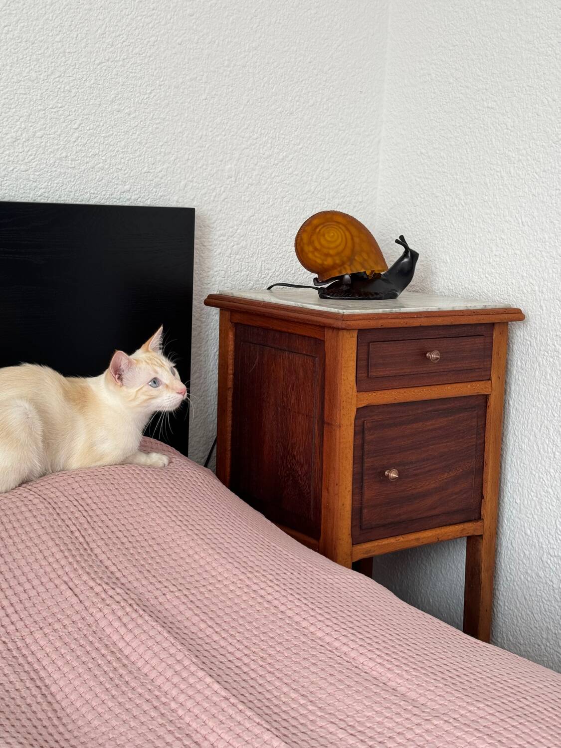 Table de chevet vintage en bois avec plateau en marbre.