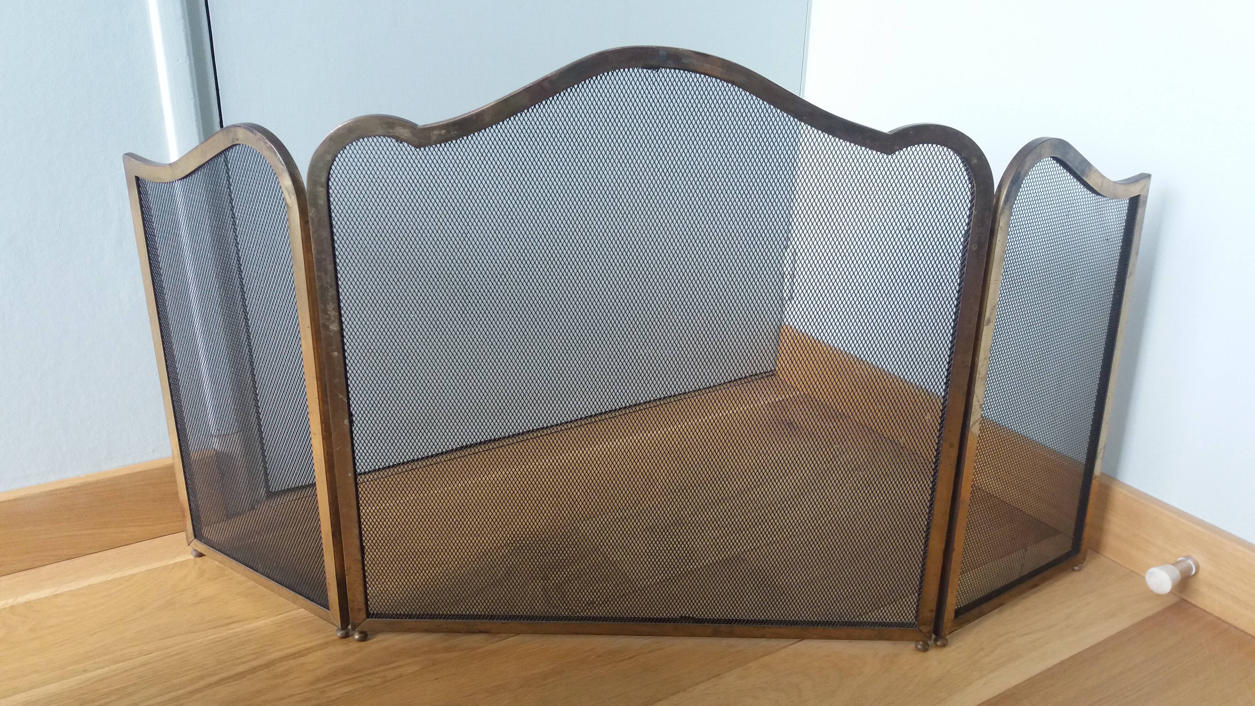 Fire screen, three-panel fireplace screen.